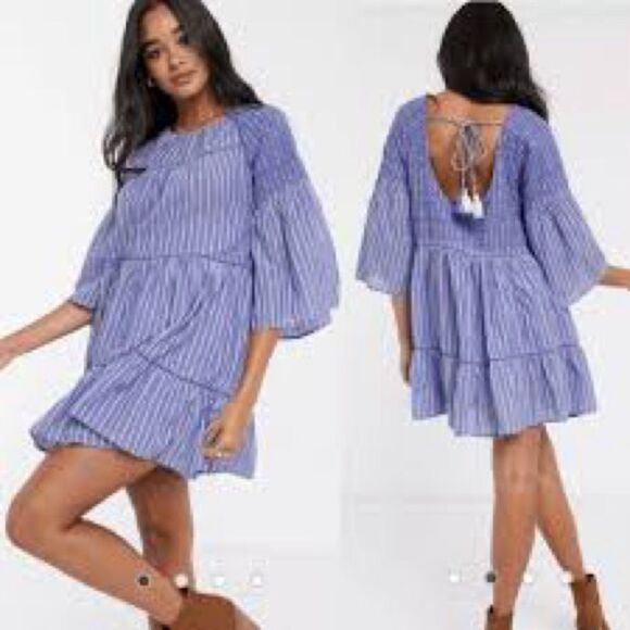 Free People Dresses & Skirts - Free People Lola Embroidered Mini Blue Striped Tiered Dress